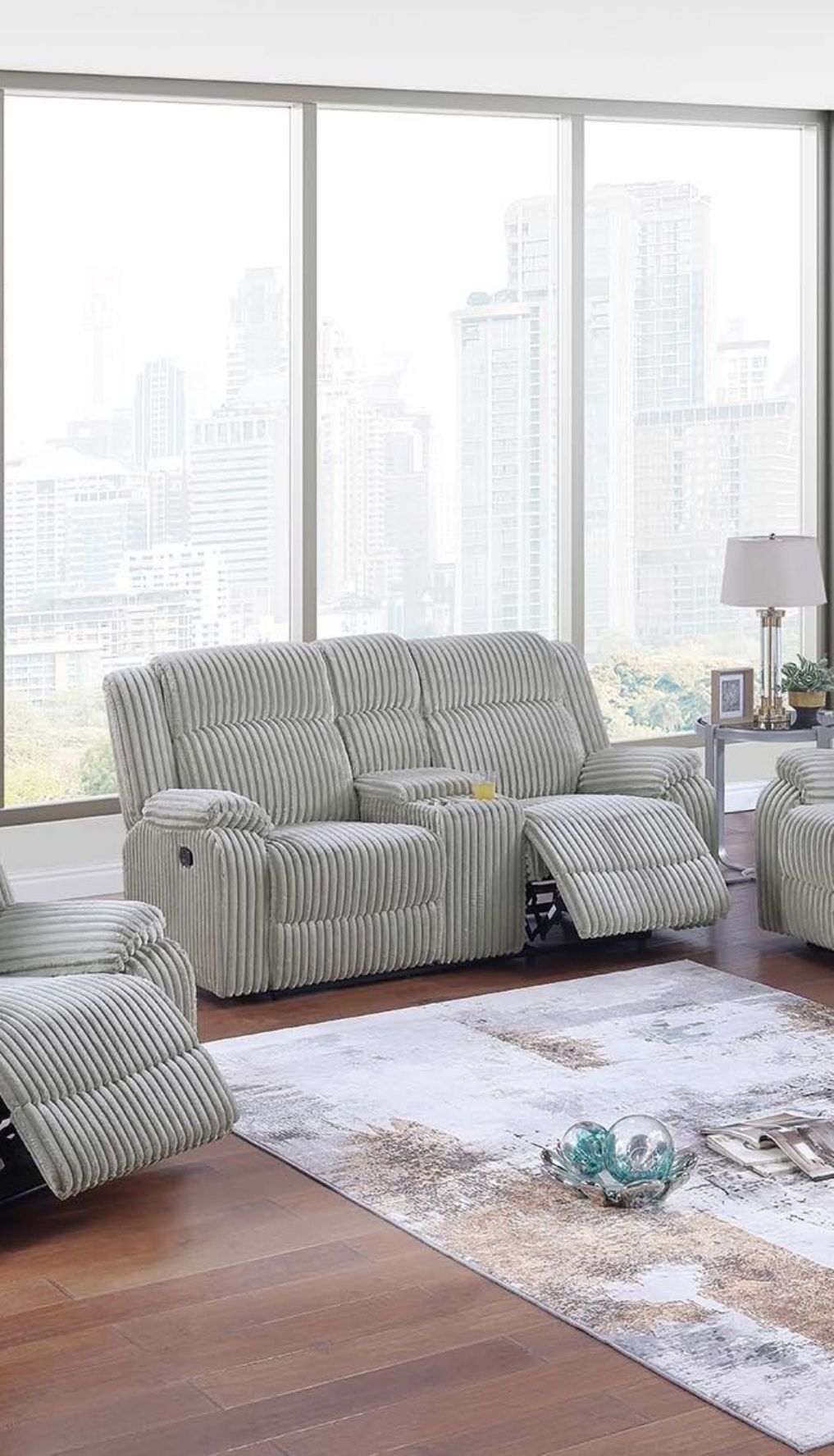 Motion Sofa Loveseat w Console And Recliner Chair Ash Color Fur Like – photo 15 of 20