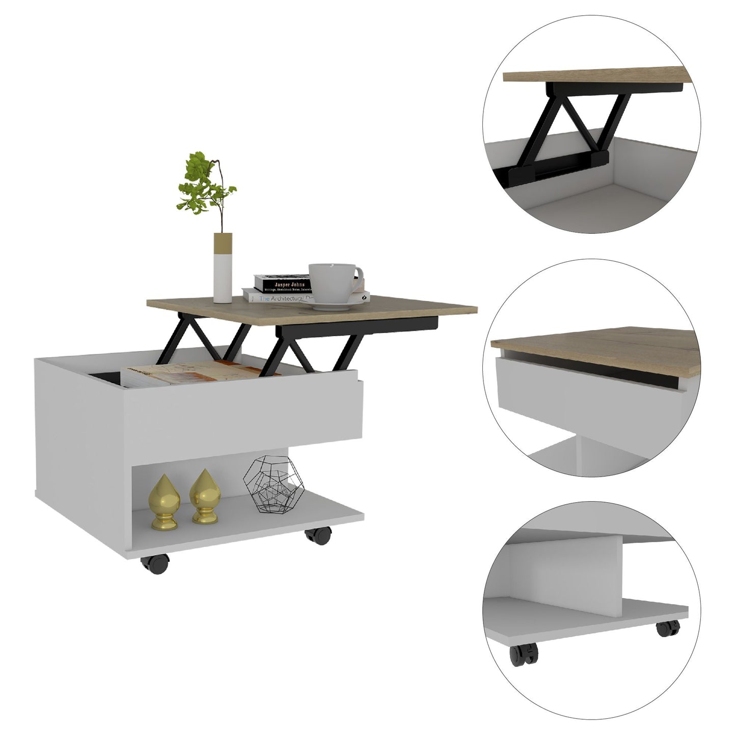White and Light Oak 1-Drawer 1-Shelf Lift Top Coffee Table – photo 3 of 7