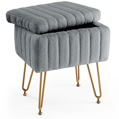 Square Ottoman with Storage, Makeup Cute Soft Small Footstool, Modern Style Faux Fur Seat with 4 Metal Legs & Adjustable Feet for Dressing, Living Room Bedroom Dorm – Grey