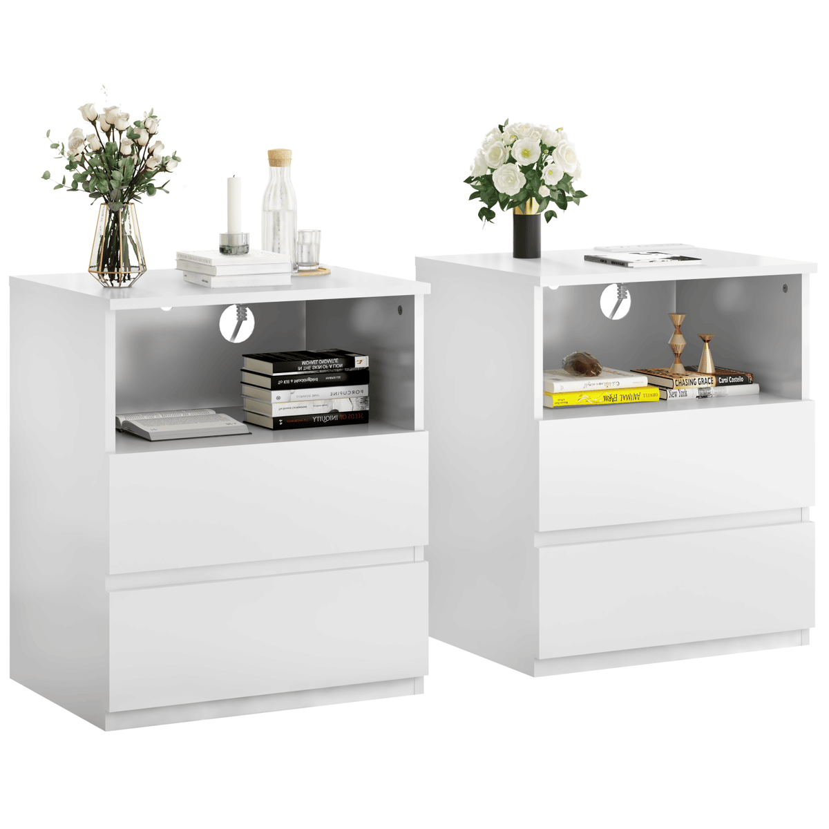 (Set of 2)End Table with Fast USB C Charging Station, Sofa Side Table with 3Drawers, Large Storage Modern Wood Storage Cabinet for Living Room,Bedroom,Office – White