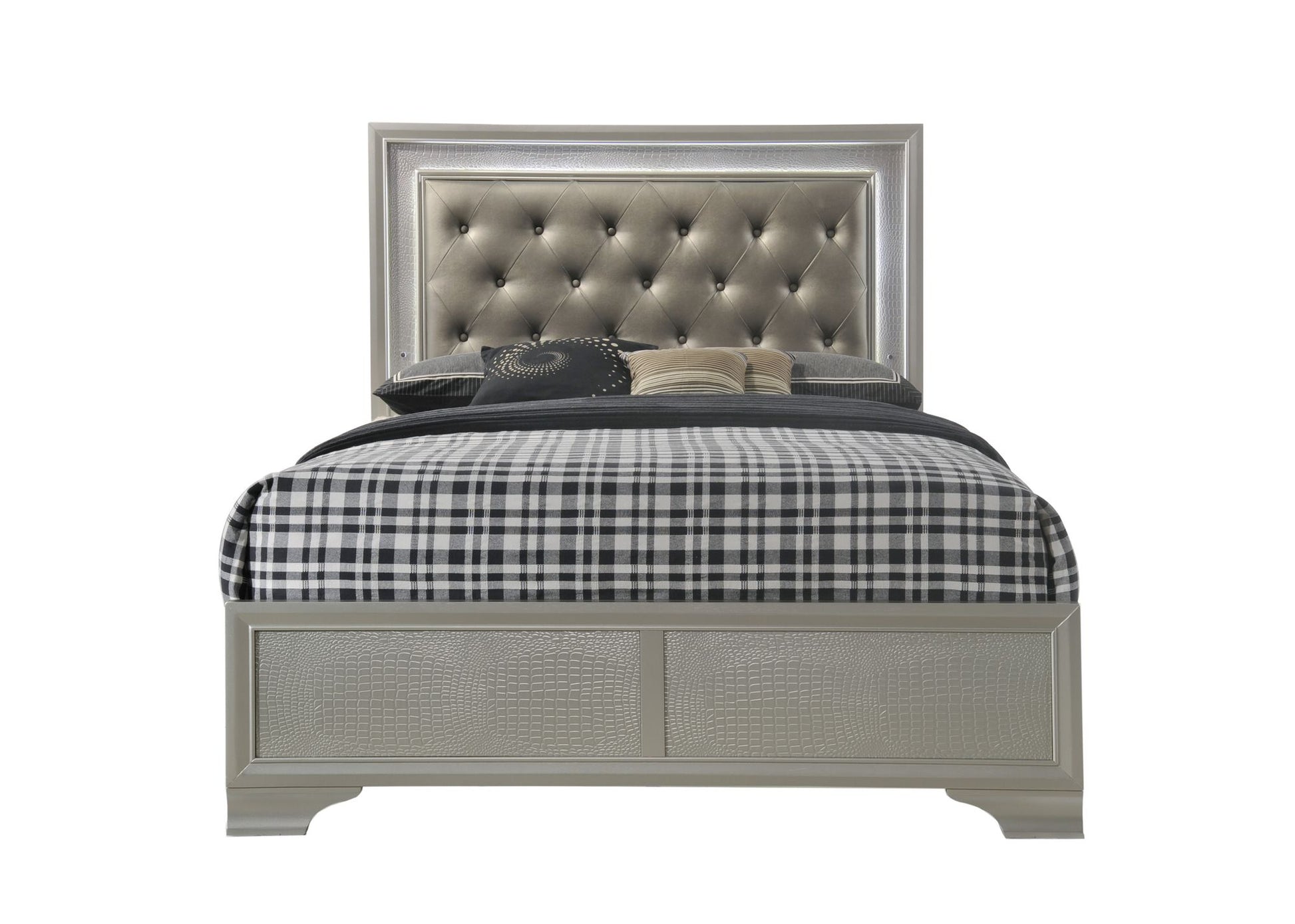 Modern Champagne Crocodile Skin Finish Upholstered 1pc Full Size LED – photo 1 of 5