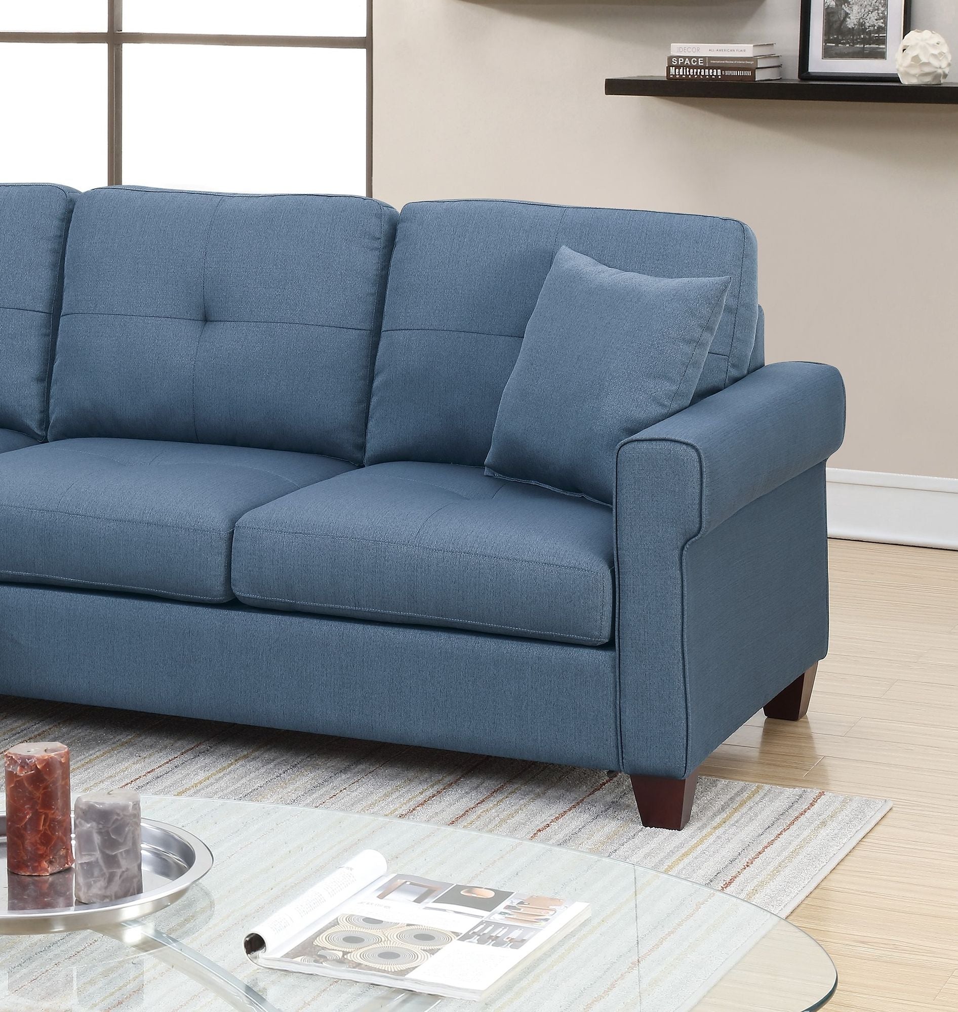 Blue Color Glossy Polyfiber Tufted Cushion Couch Sectional Sofa – photo 2 of 11