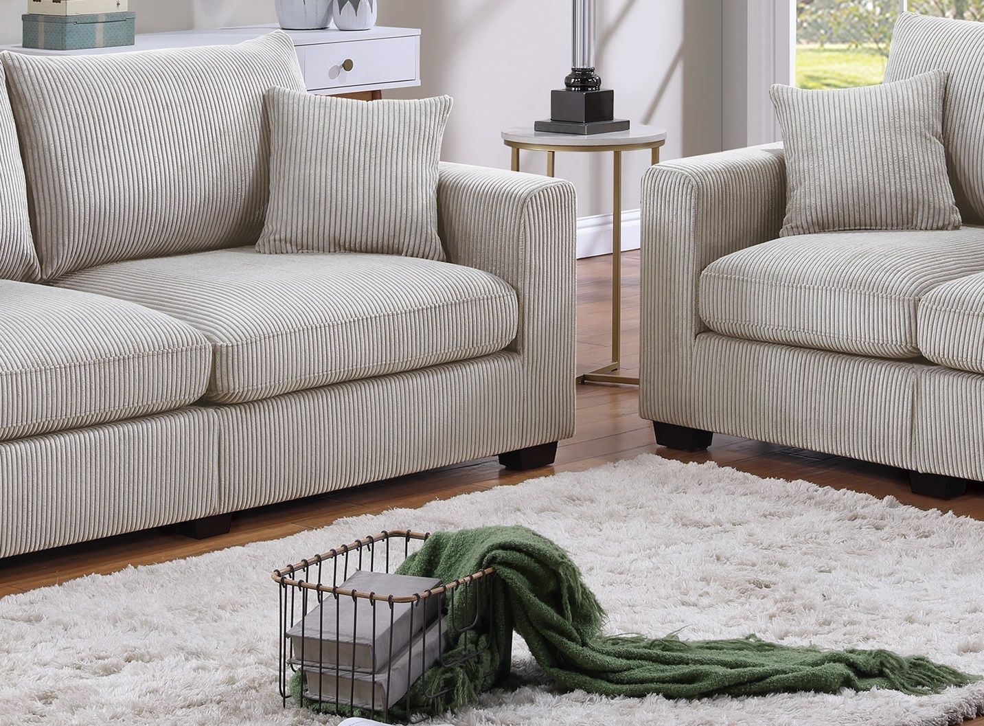 Classic Living Room 2pc Sofa Set Ivory Corduroy Sofa And Loveseat – photo 9 of 10