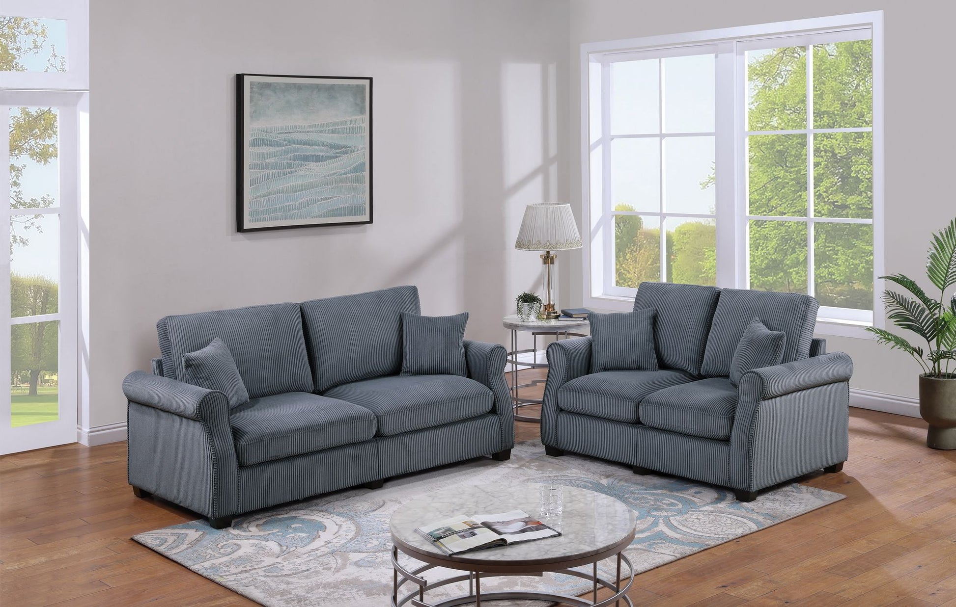 Classic Living Room 2pc Sofa Set Dark Gray Corduroy Sofa Loveseat – photo 1 of 10
