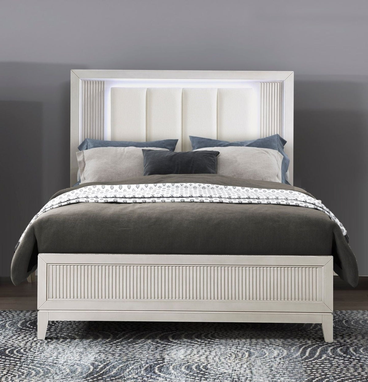 Antique White Finish Bed with LED Headboard Upholstered Cushion Modern Bedroom Furniture 1pc, Reeded Fronts – King