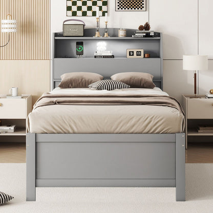 Wooden LED Platform Bed with Trundle, with Storage Headboard, with Drawers, Gray(Old SKU: N820S00009E) – Twin