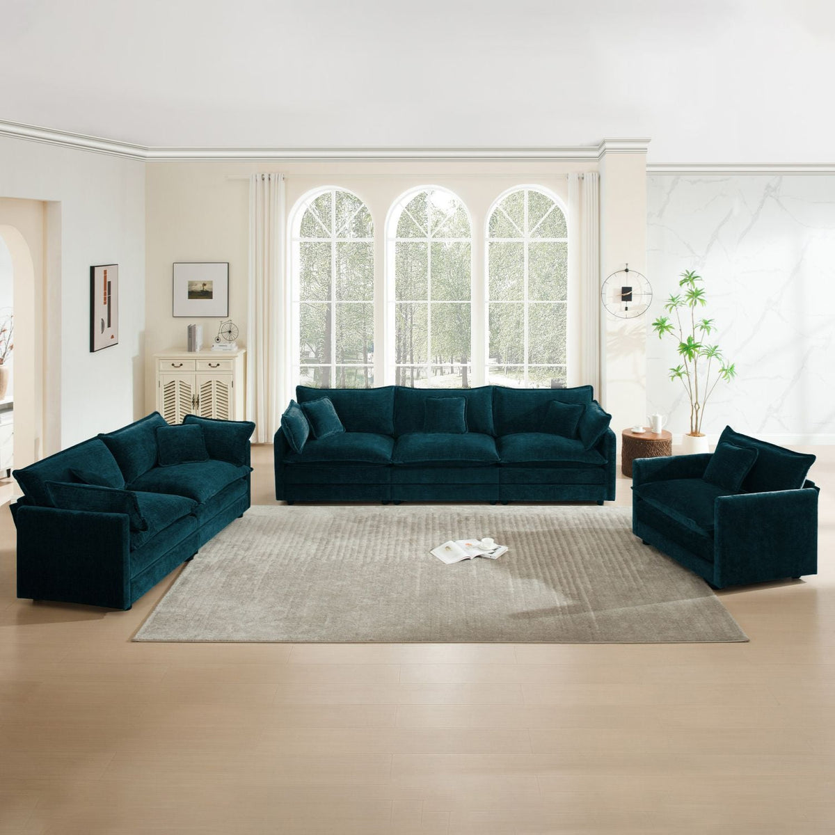 Modern Sofa Couch, 3 Piece Set Extra Deep Seat Sectional Sofa for Living Room, Oversized Sofa, 3 Seat Sofa, Loveseat and Single Sofa, Chenille – Blue
