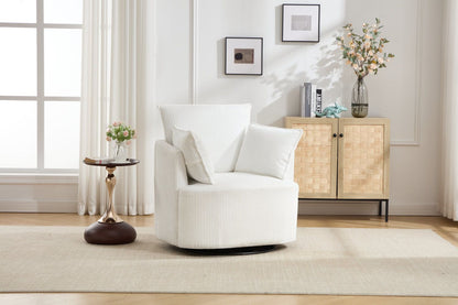 Swivel Accent Chair,Round Swivel Barrel Chair,Armchair Upholstered Living Room Chair Corduroy Reading Chair Single Sofa Chair for Bedroom Apartment Office – White