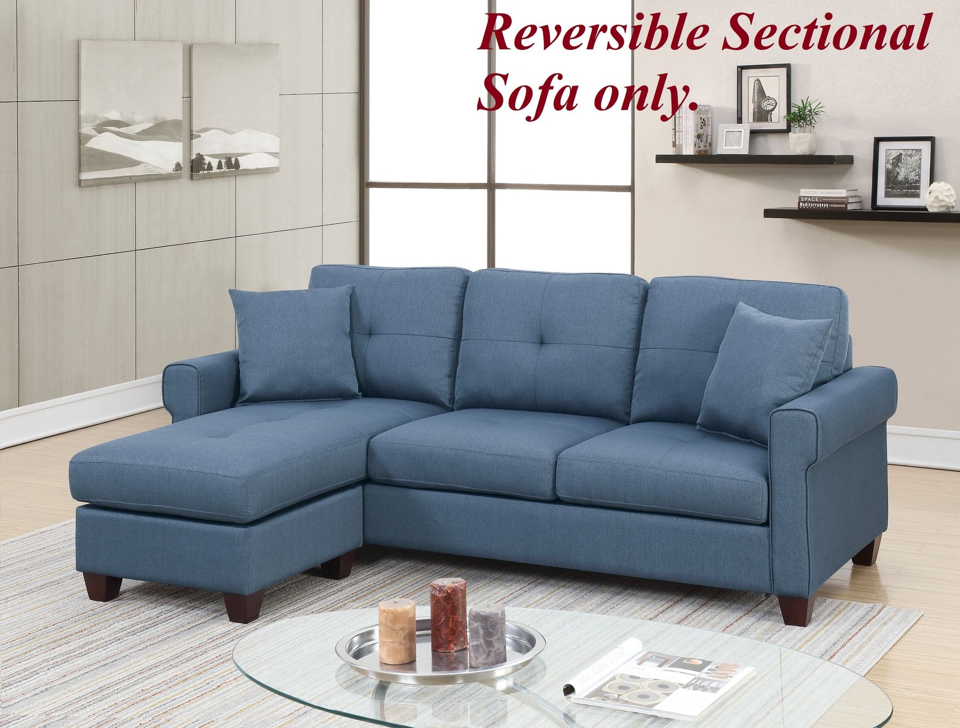 Blue Color Glossy Polyfiber Tufted Cushion Couch Sectional Sofa – photo 7 of 11