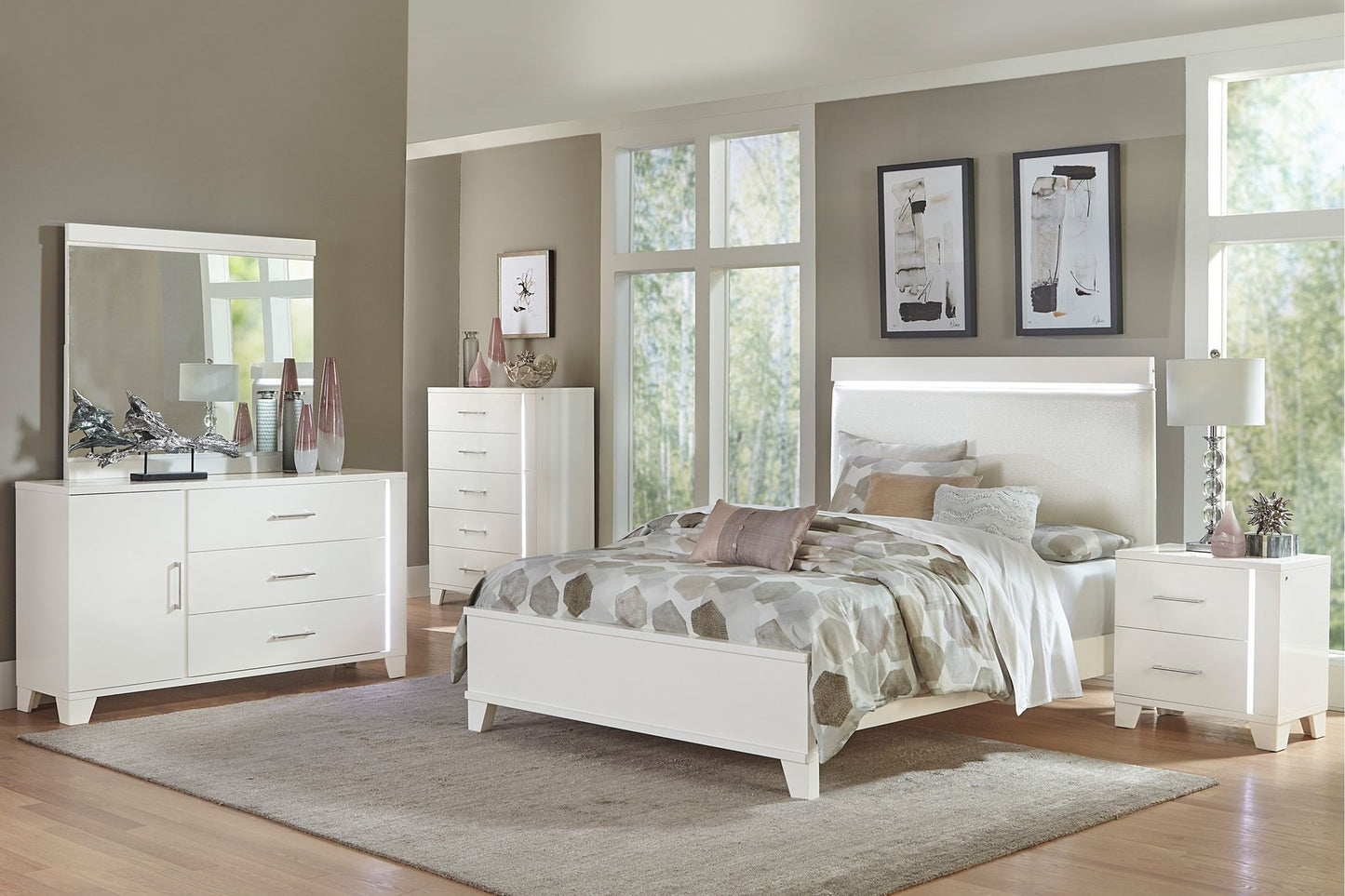 White High Gloss Finish Modern Full Bed 1pc LED Light Headboard Faux – photo 6 of 8