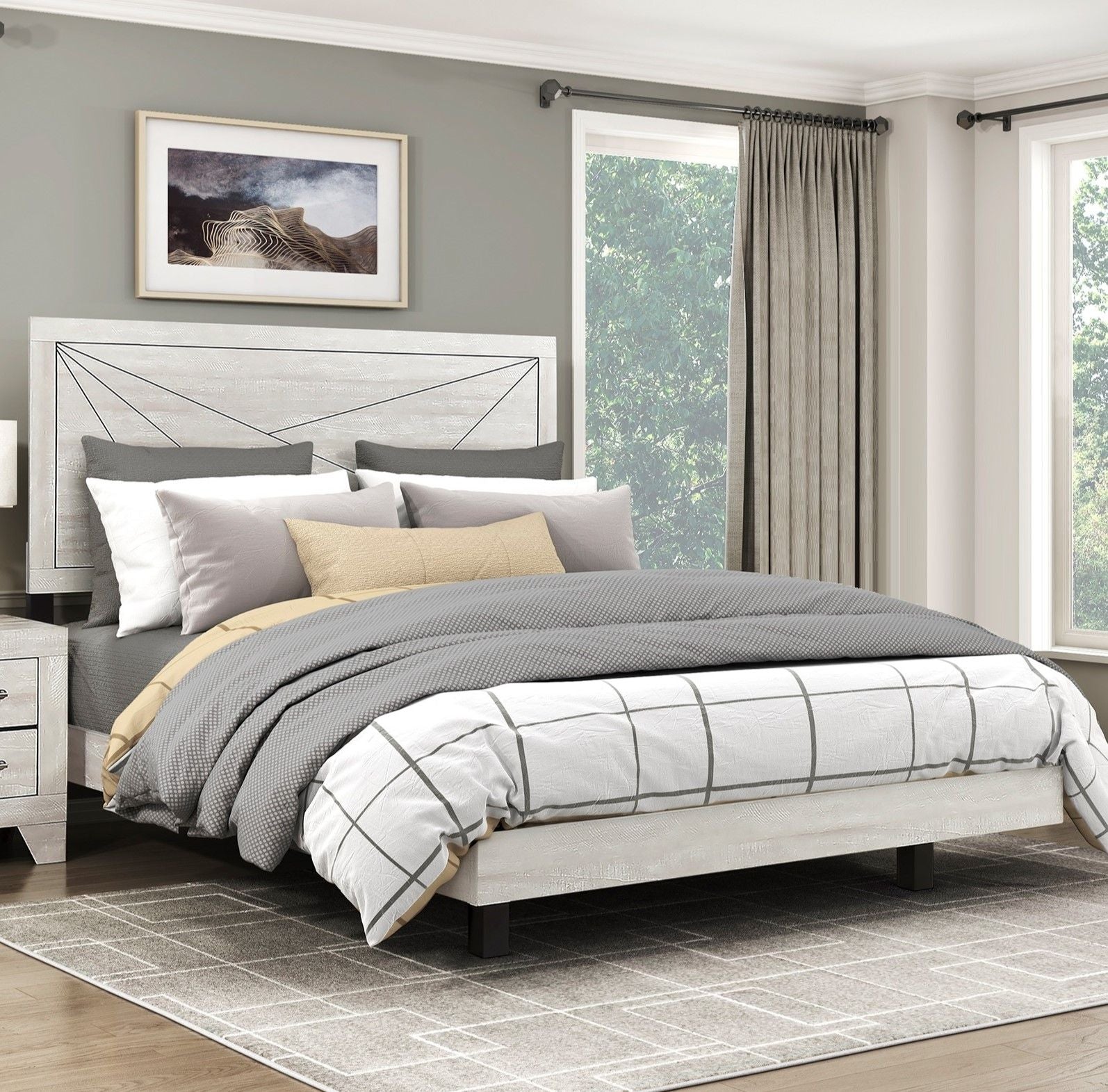 Contemporary Gray Oak Finish Queen Bed Durable Wooden Bedroom – photo 1 of 11