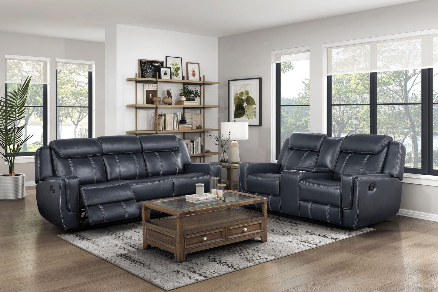 Modern Living Room Furniture 2pc Reclining Sofa Set Blue Breathable – photo 1 of 14