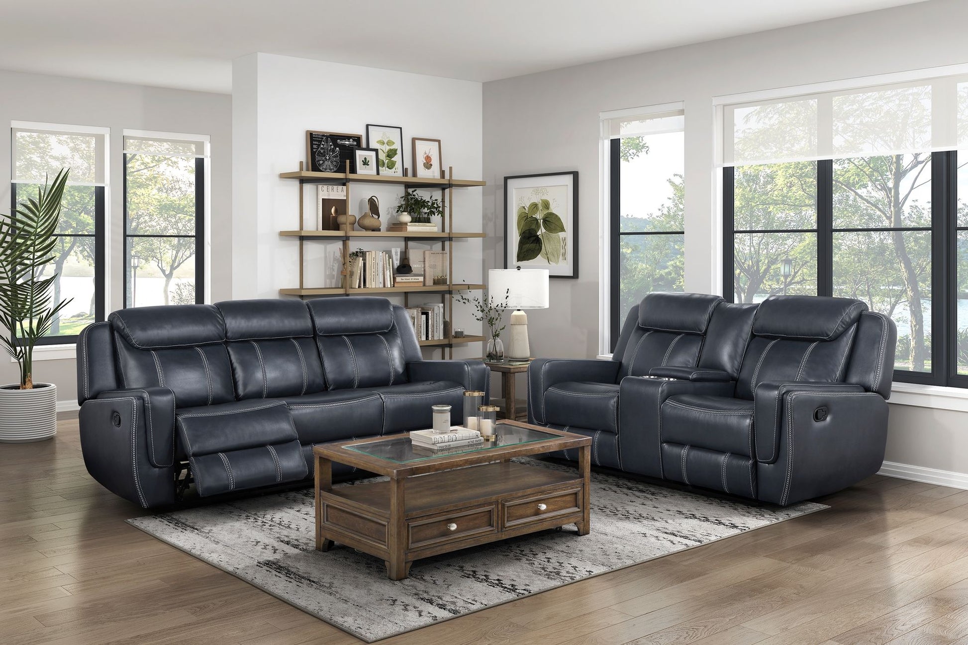 Modern Living Room Furniture 2pc Reclining Sofa Set Blue Breathable – photo 1 of 14