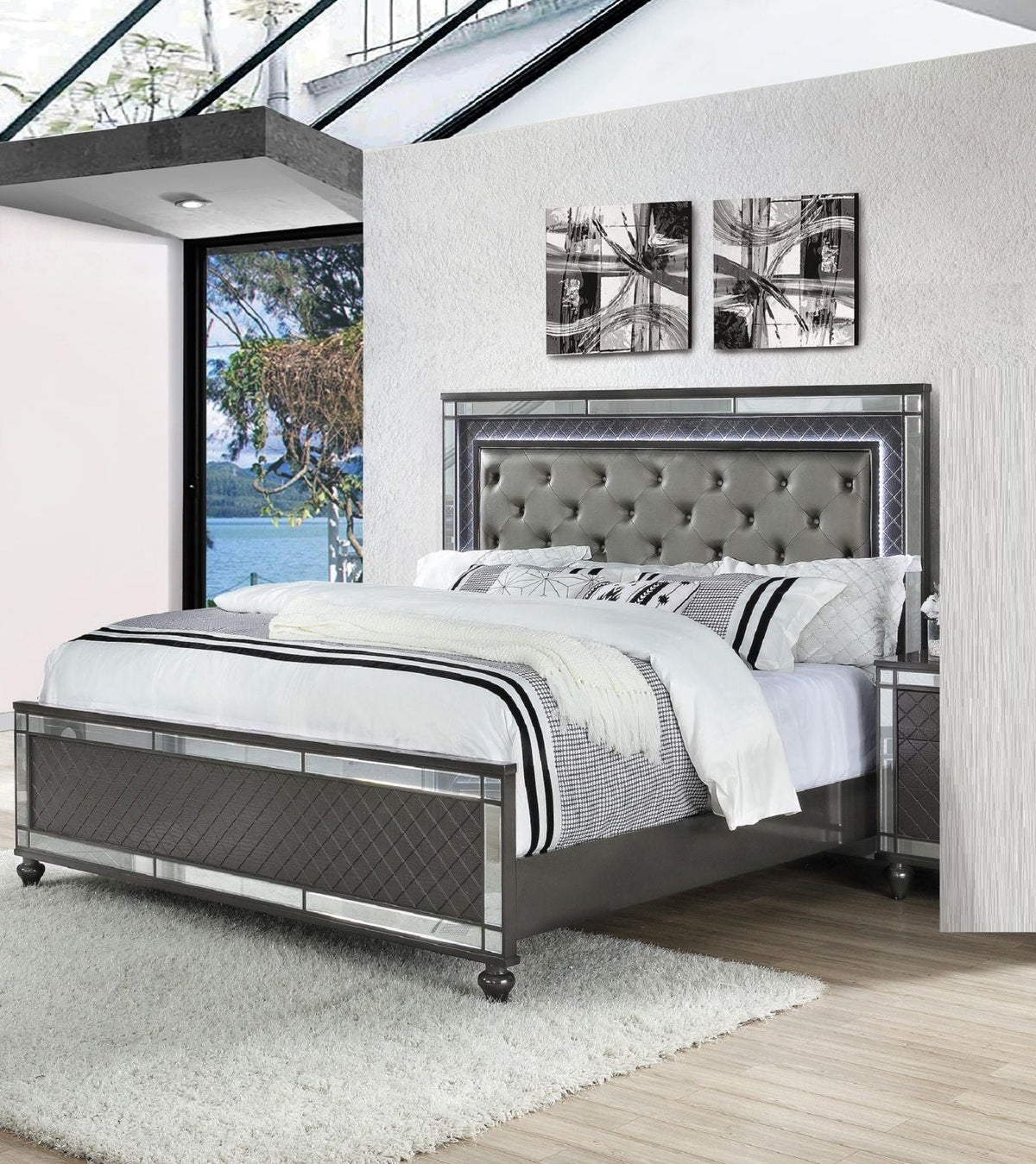 Modern Glam Style Upholstered Headboard Button Tufting Glass Inlay 1pc Panel LED Lights Bed Gray Faux Leather Finish Solid Wood Wooden Bedroom Furniture – King