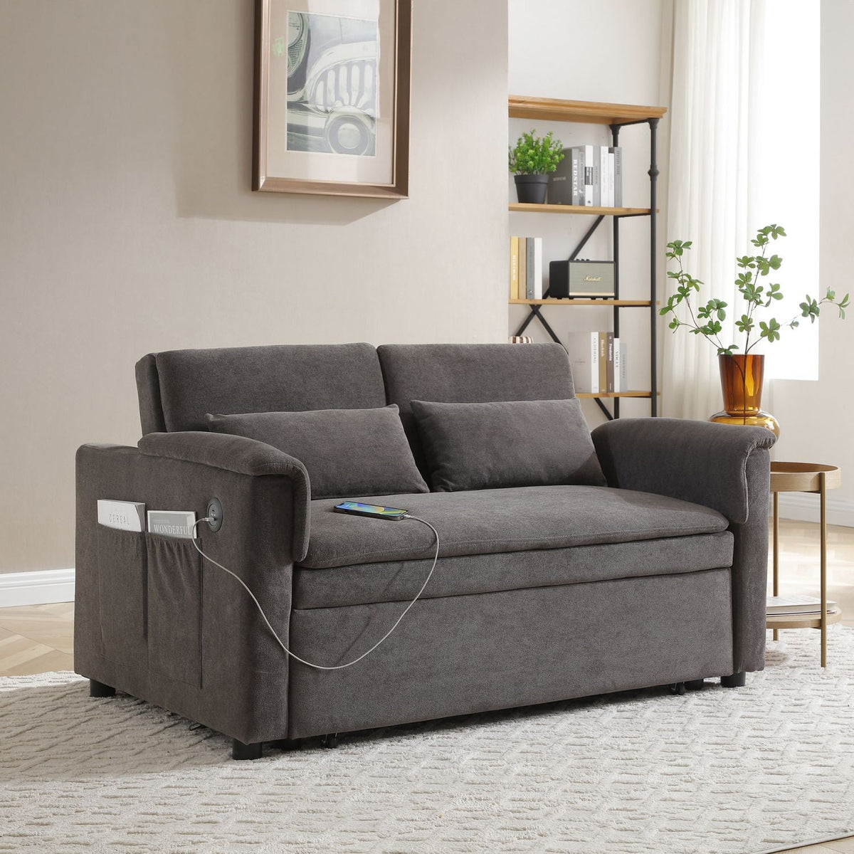 55" Velvet Two Seater Pull Out Sofa Bed, Adjustable Backrest With USB Ports, Two Side Pockets, 3 in 1 Convertible Sleeper Sofa Bed, Modern Love Seat Lounge,2 waist pillows for living rooms – Grey
