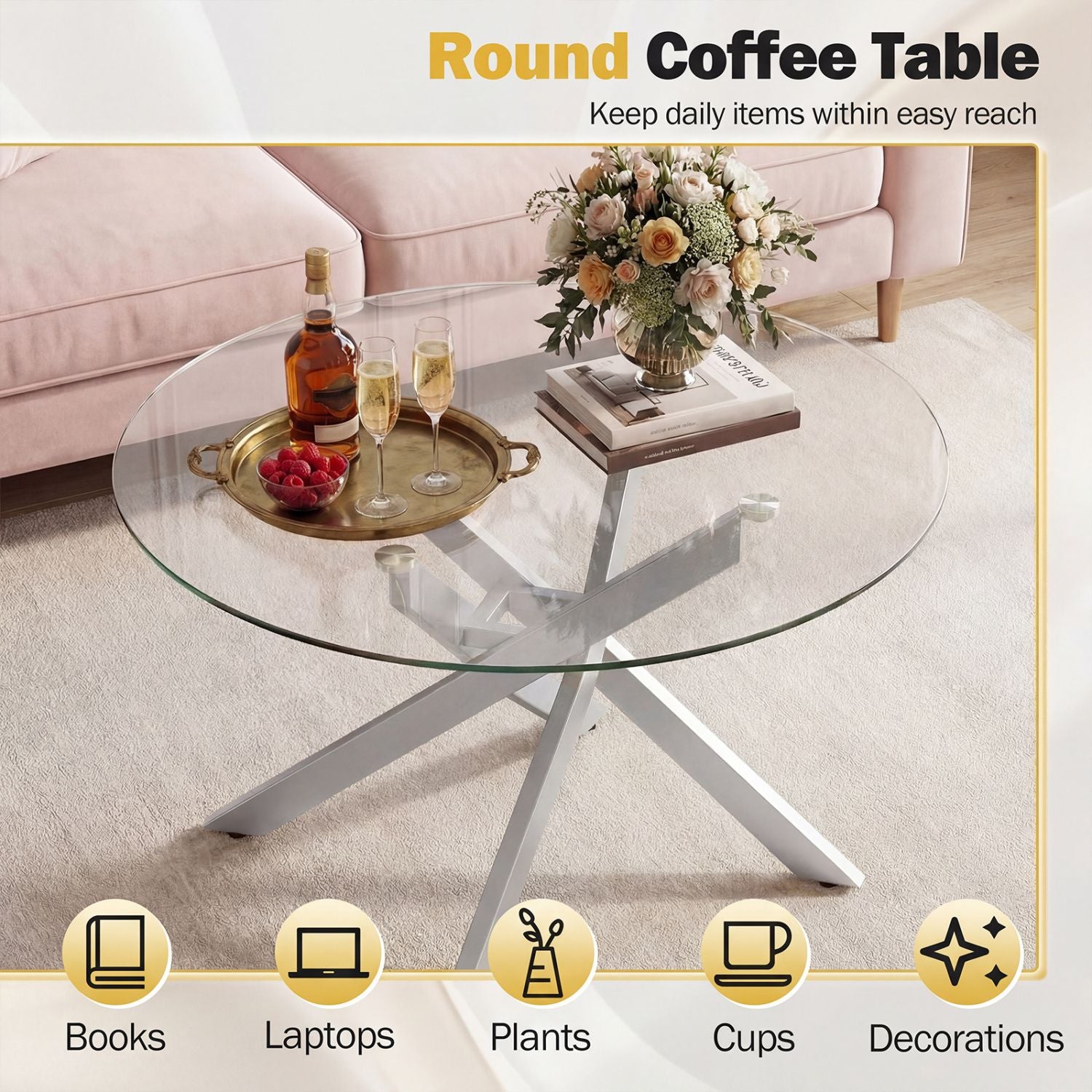 Glass Coffee Table Round Clear Center Table with Tempered Glass Top – photo 9 of 22