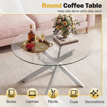 Glass Coffee Table Round Clear Center Table with Tempered Glass Top – photo 9 of 22