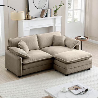 Two-Seater Sofa with One Footrest, L-Shaped 2-Seater Sofa with Ottoman for Small Living Spaces, Corduroy – Tan