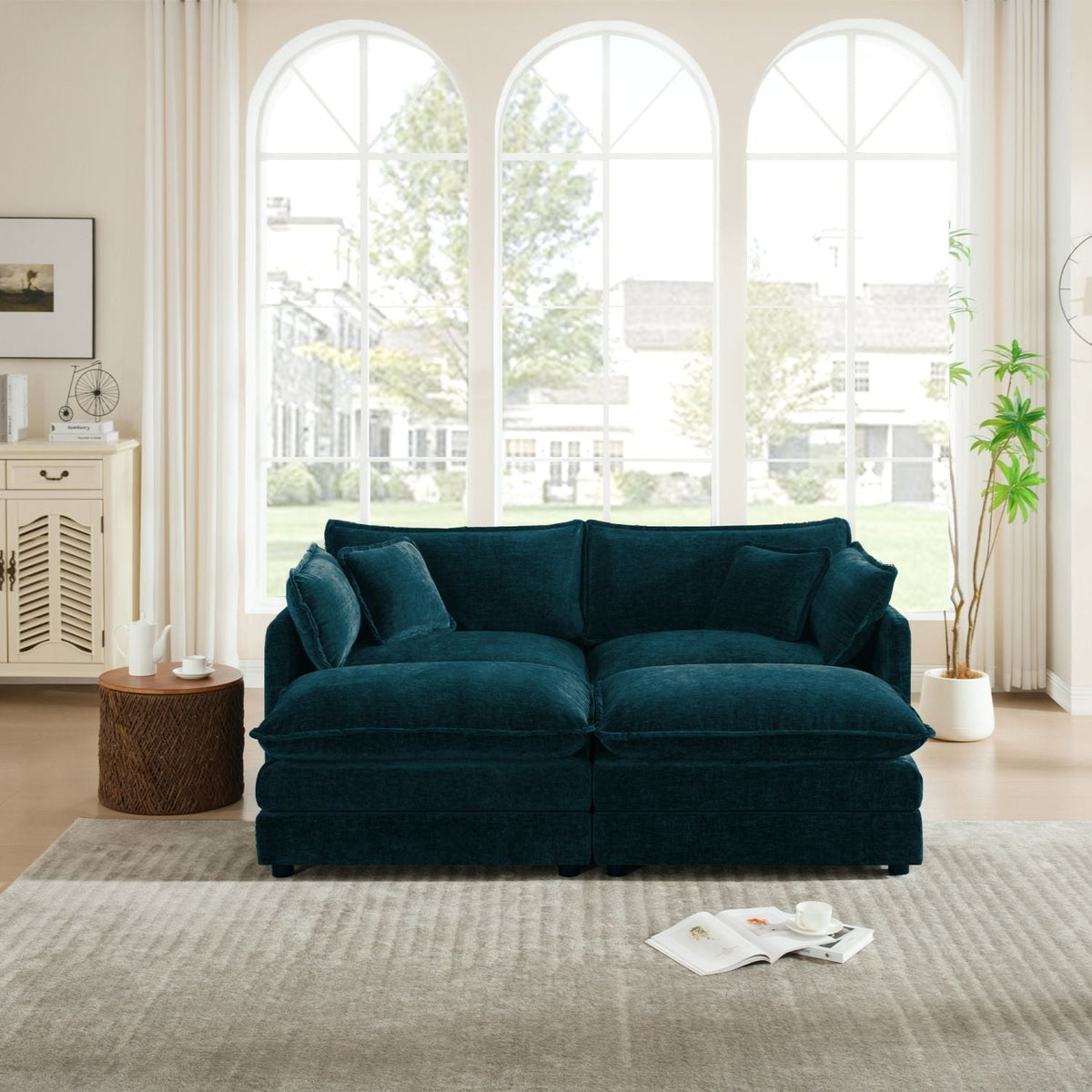 4 - Piece Upholstered Sectional Sofa, 1 - Piece of 2 Seater Sofa and 2- Piece of Ottomans , 2 Seater Loveseat Lounge with Ottomans , Chenille – Blue