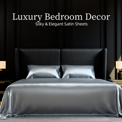 Satin Sheet Set – Silky Deep-Pocket Sheets in Grey, Navy & Black – Full Grey