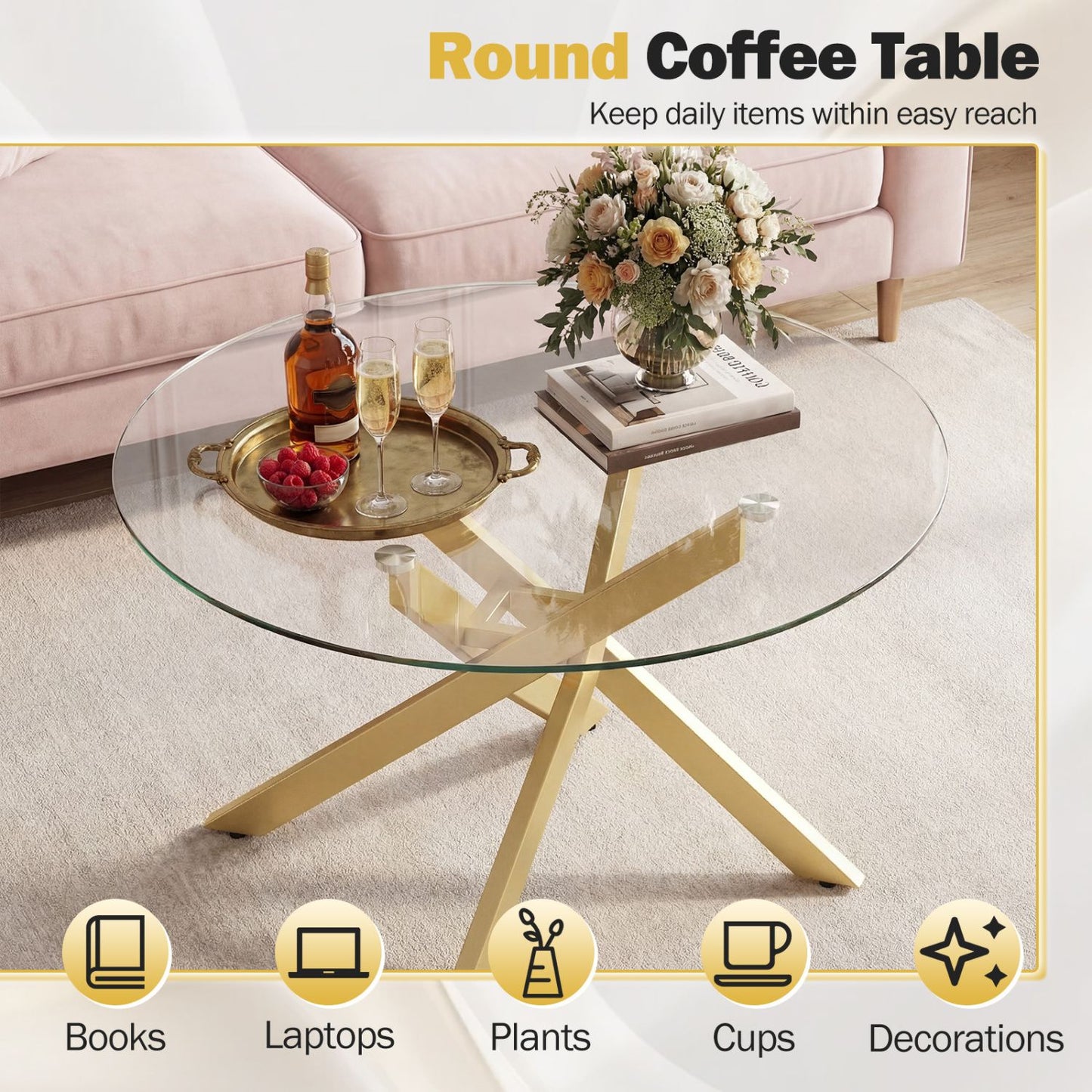 Glass Coffee Table Round Clear Center Table with Tempered Glass Top – photo 19 of 22