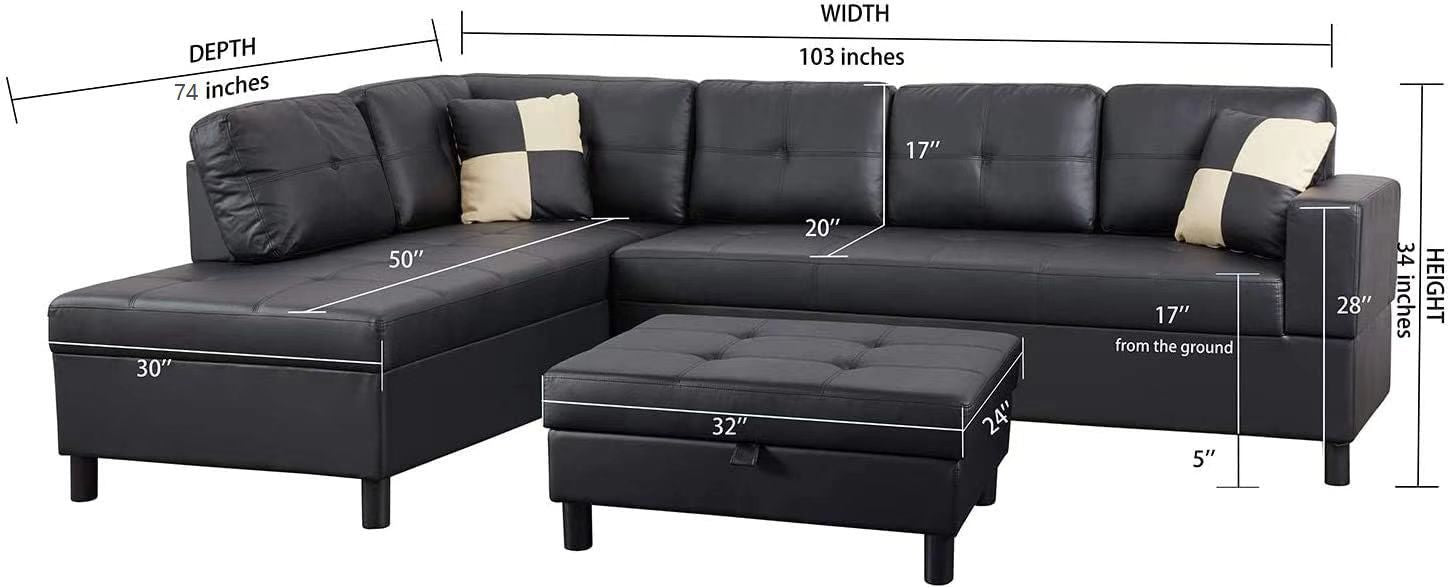 3 PC Sectional Sofa Set, (Black) Faux Leather left-Facing Sofa – photo 8 of 8