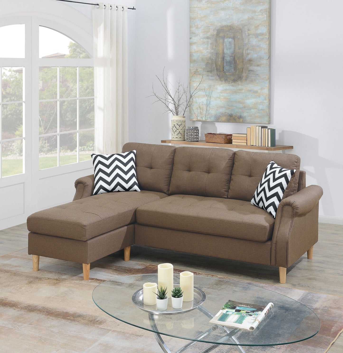 Living Room Corner Sectional Light Coffee Polyfiber Chaise sofa – photo 1 of 15