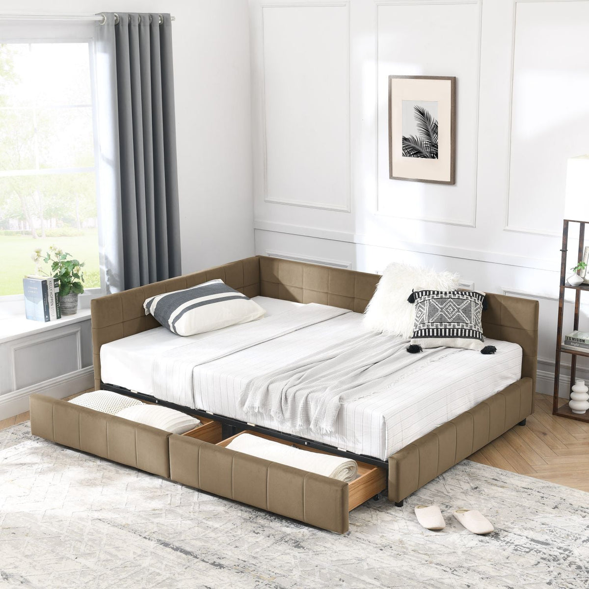 Storage Upholstered Tufted Bed Frame, Sofa Bed Frame with Comfortable Backrest and Armrests, Full Bed for Bedroom, Living Room,Velvet, (80.5''*59''*29.5'') – Brown