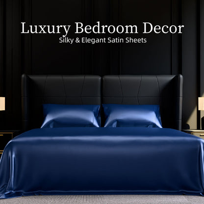 Satin Sheet Set – Silky Deep-Pocket Sheets in Grey, Navy & Black – Queen Navy Blue