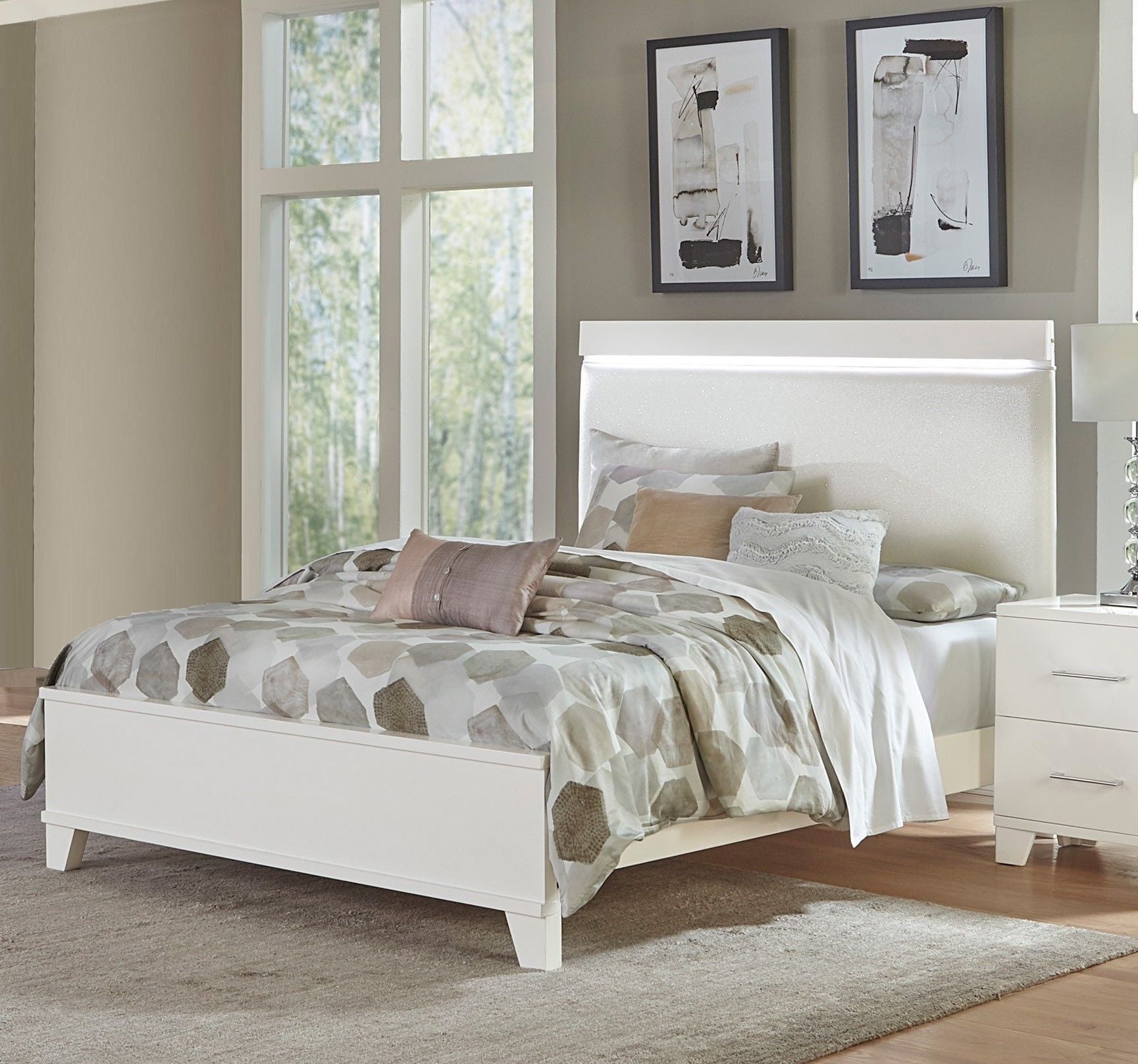 White High Gloss Finish Modern Full Bed 1pc LED Light Headboard Faux – photo 1 of 8