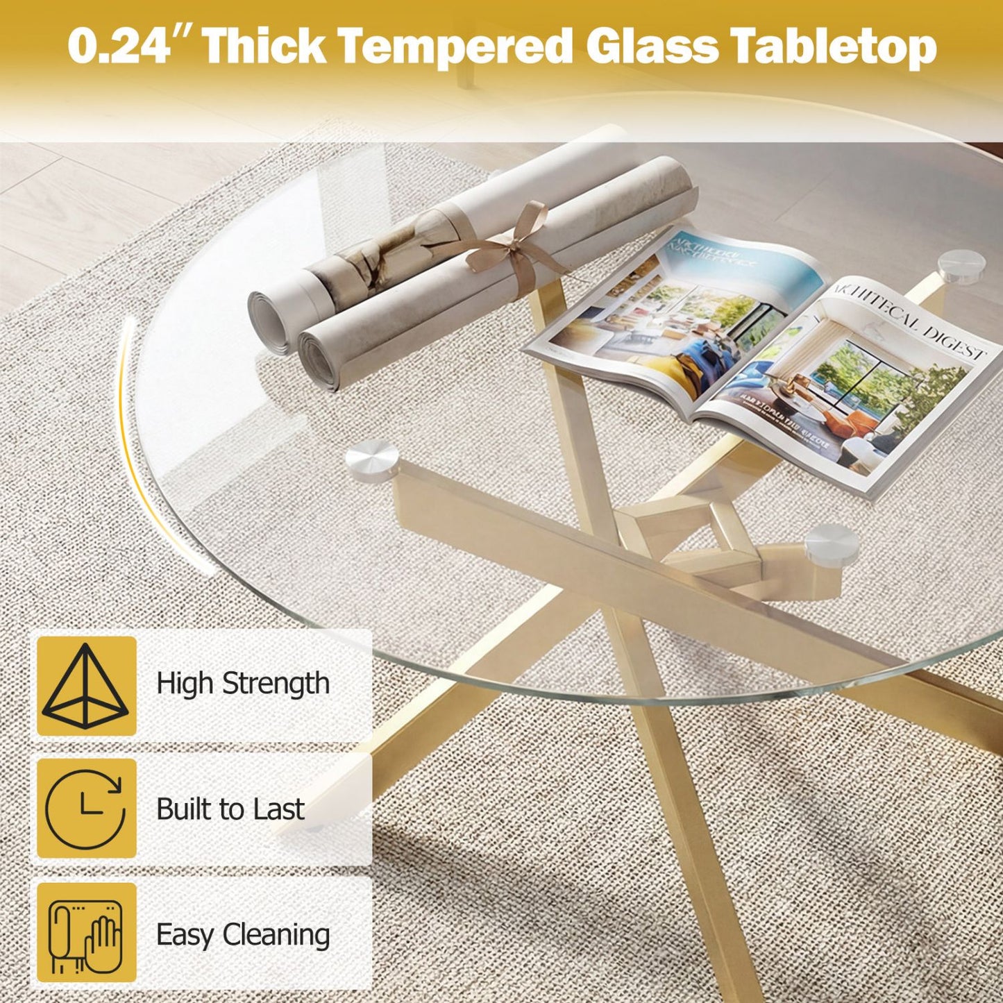 Glass Coffee Table Round Clear Center Table with Tempered Glass Top – photo 20 of 22