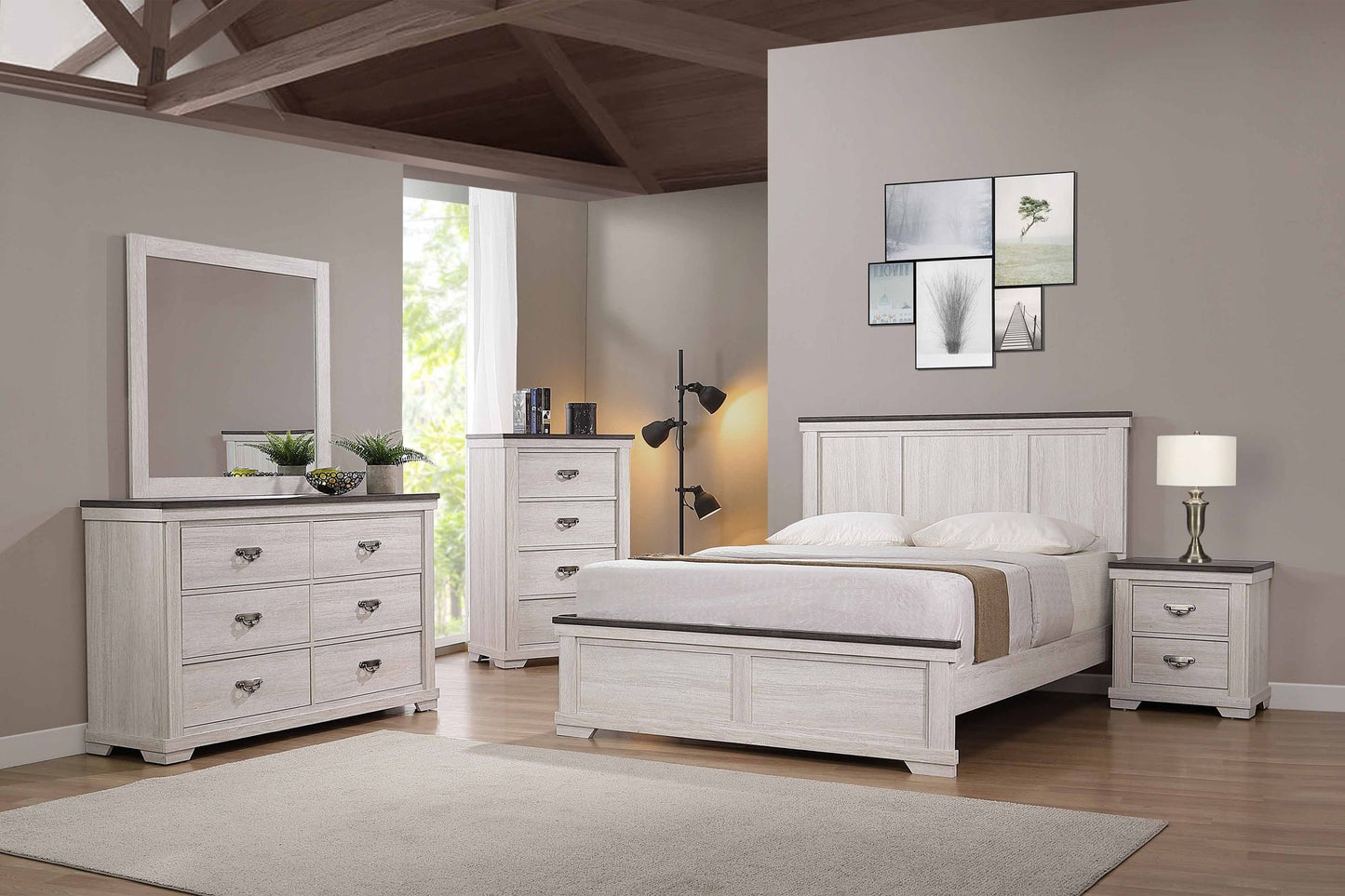 Farmhouse Rustic Style Antique White & Brown Queen Size Panel 1pc Bed – photo 5 of 5