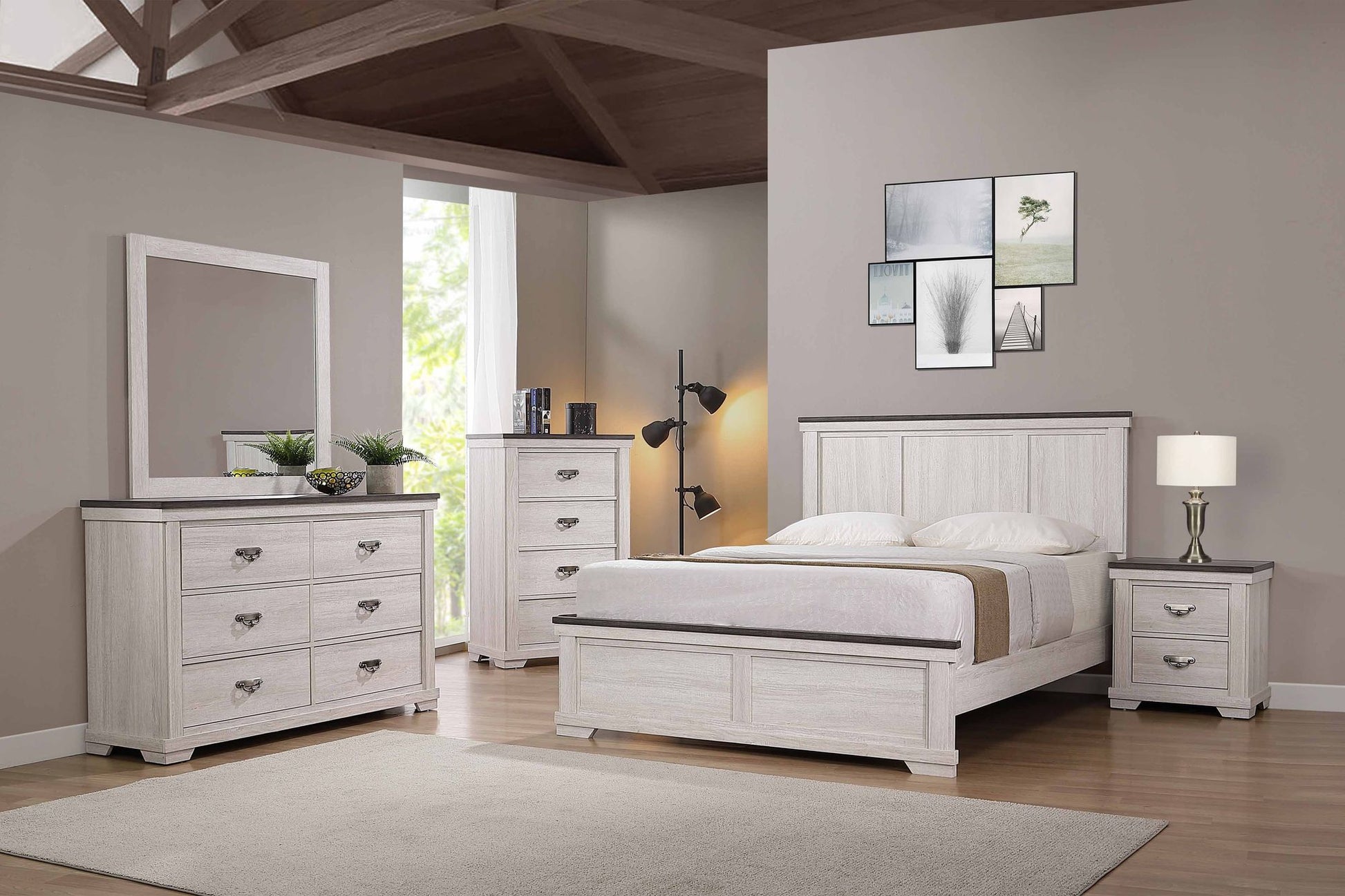 Farmhouse Rustic Style Antique White & Brown Queen Size Panel 1pc Bed – photo 5 of 5