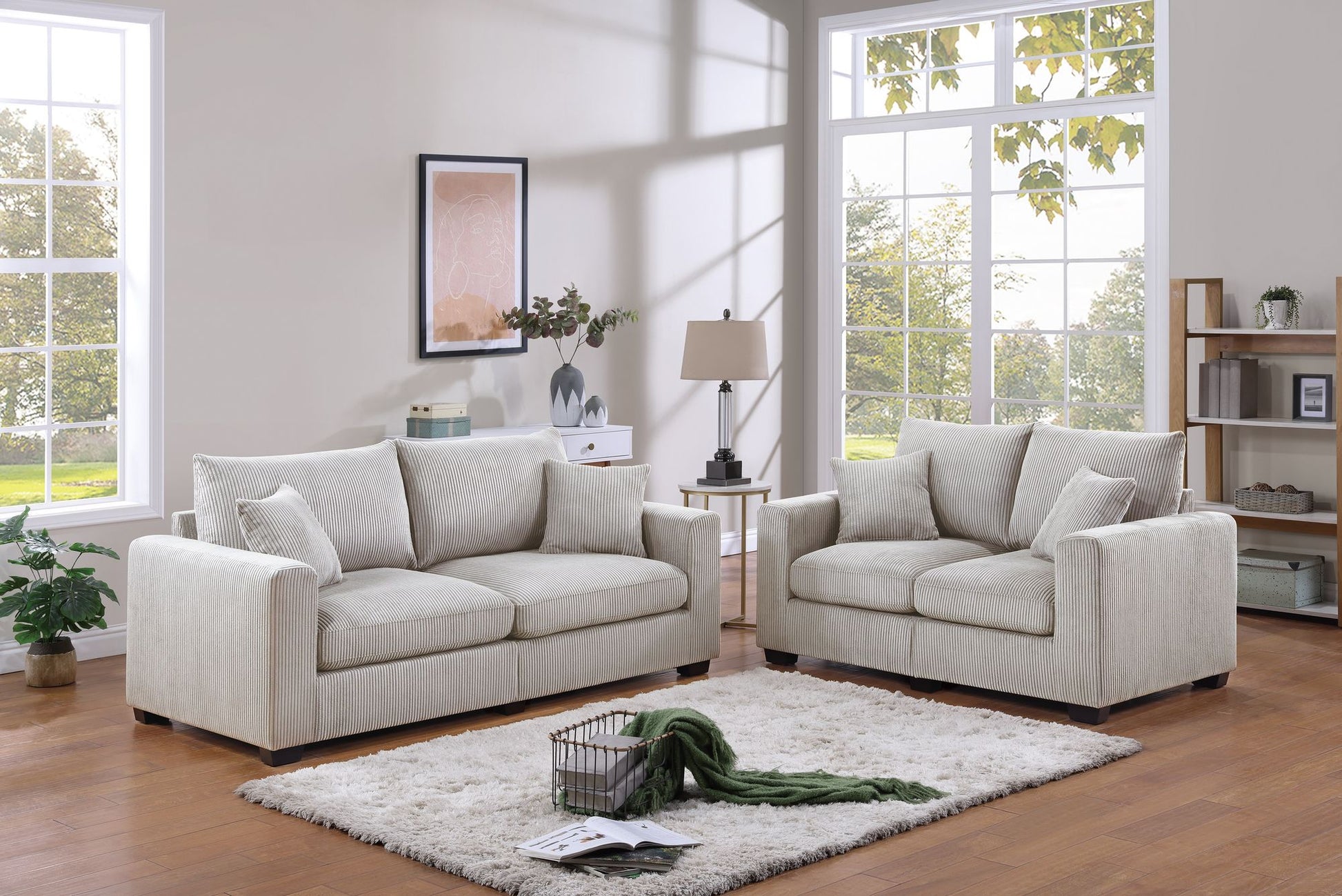 Classic Living Room 2pc Sofa Set Ivory Corduroy Sofa And Loveseat – photo 1 of 10