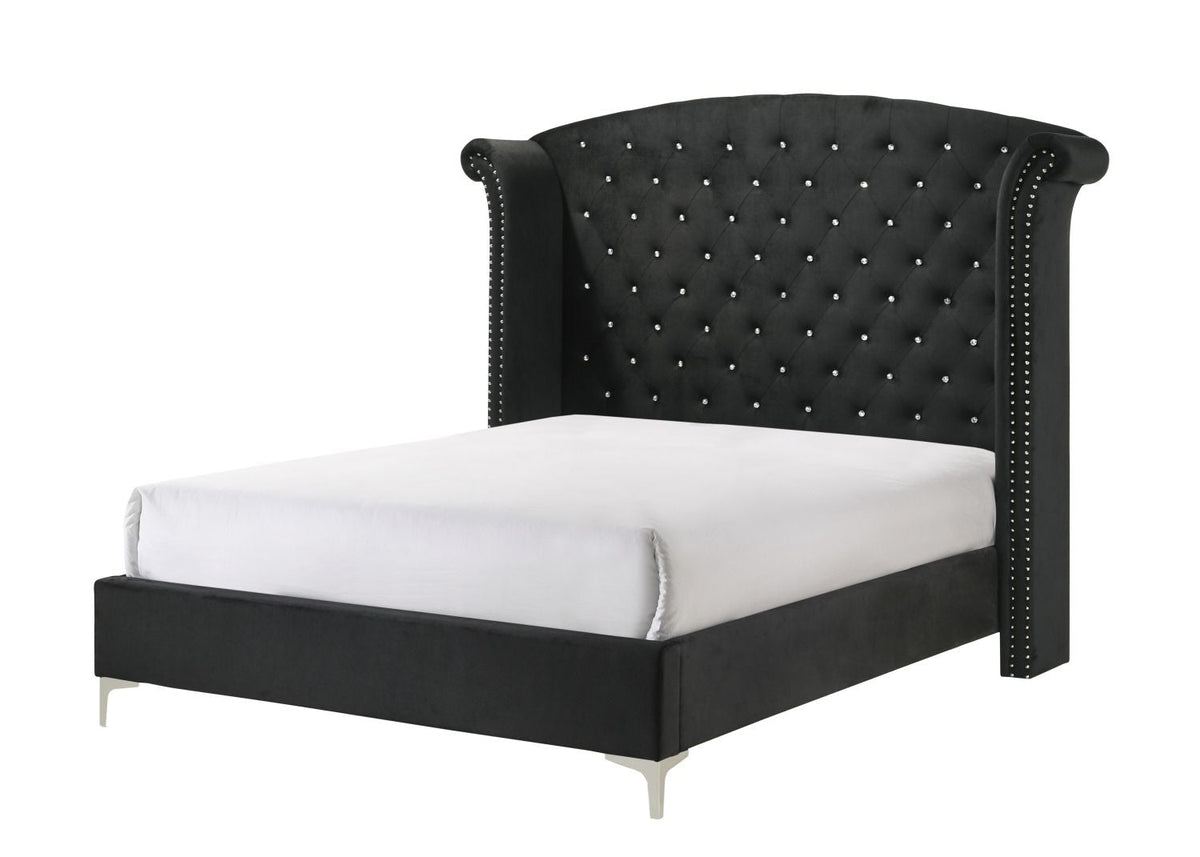 1pc Glam Upholstered Bed Button-Tufting Wing Back Headboard Button Tufted Bedroom Furniture Wood Metal Fabric Black – King