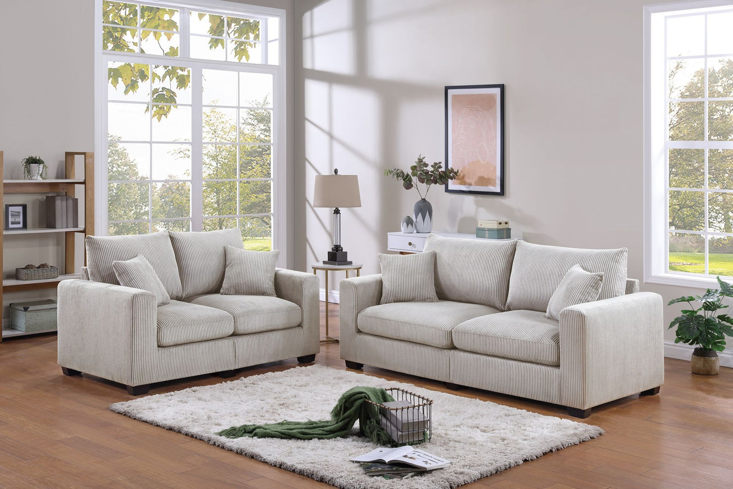 Classic Living Room 2pc Sofa Set Ivory Corduroy Sofa And Loveseat – photo 8 of 10