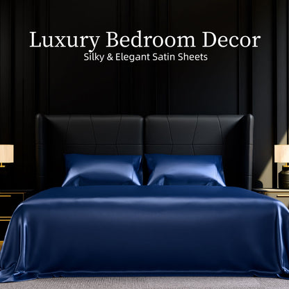 Satin Sheet Set – Silky Deep-Pocket Sheets in Grey, Navy & Black – Full Navy Blue
