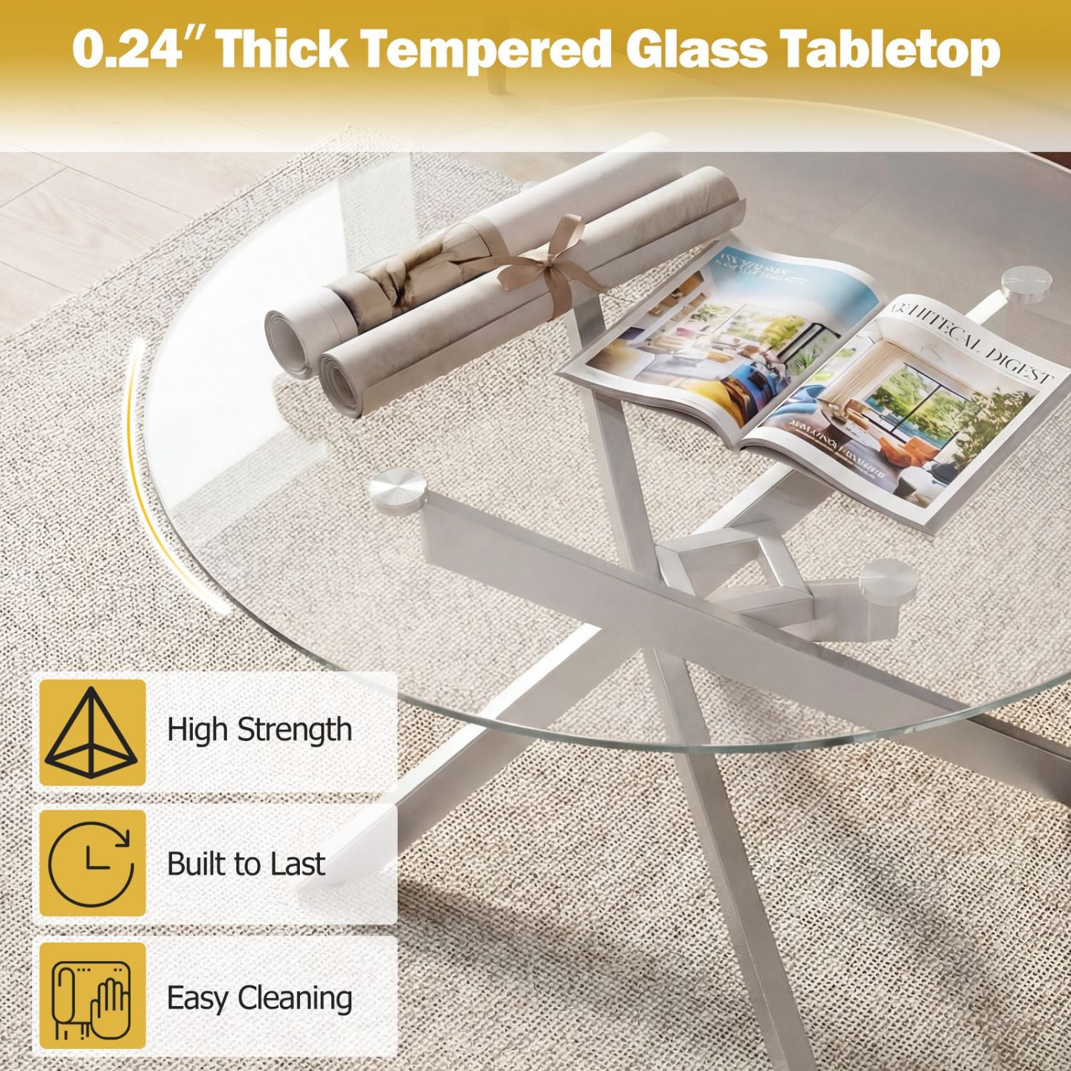 Glass Coffee Table Round Clear Center Table with Tempered Glass Top – photo 10 of 22