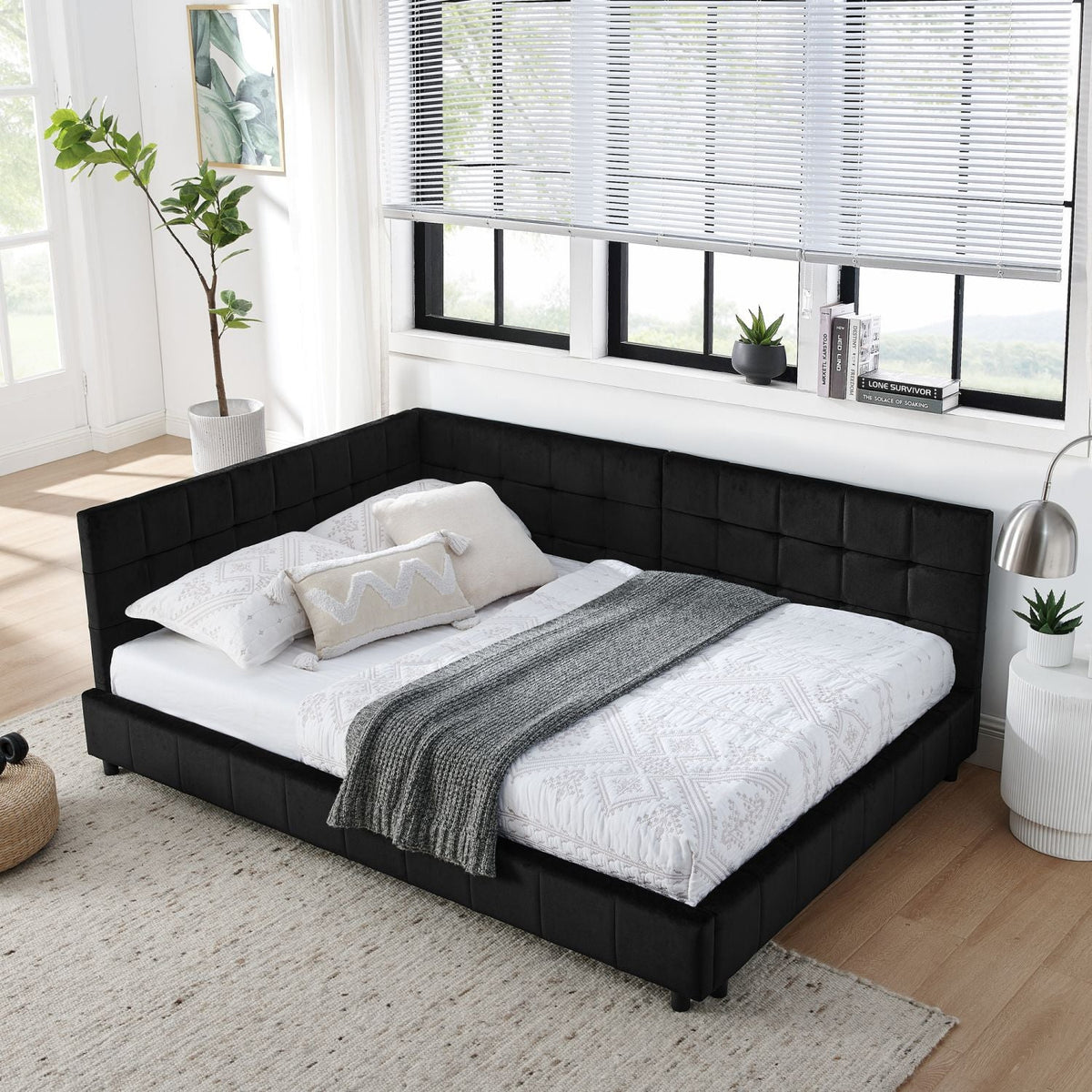 Upholstered Tufted Bed Frame, Sofa Bed Frame with Comfortable Backrest and Armrests, Full Bed for Bedroom, Living Room,Velvet, (80.5''*59''*30.5'') – Black