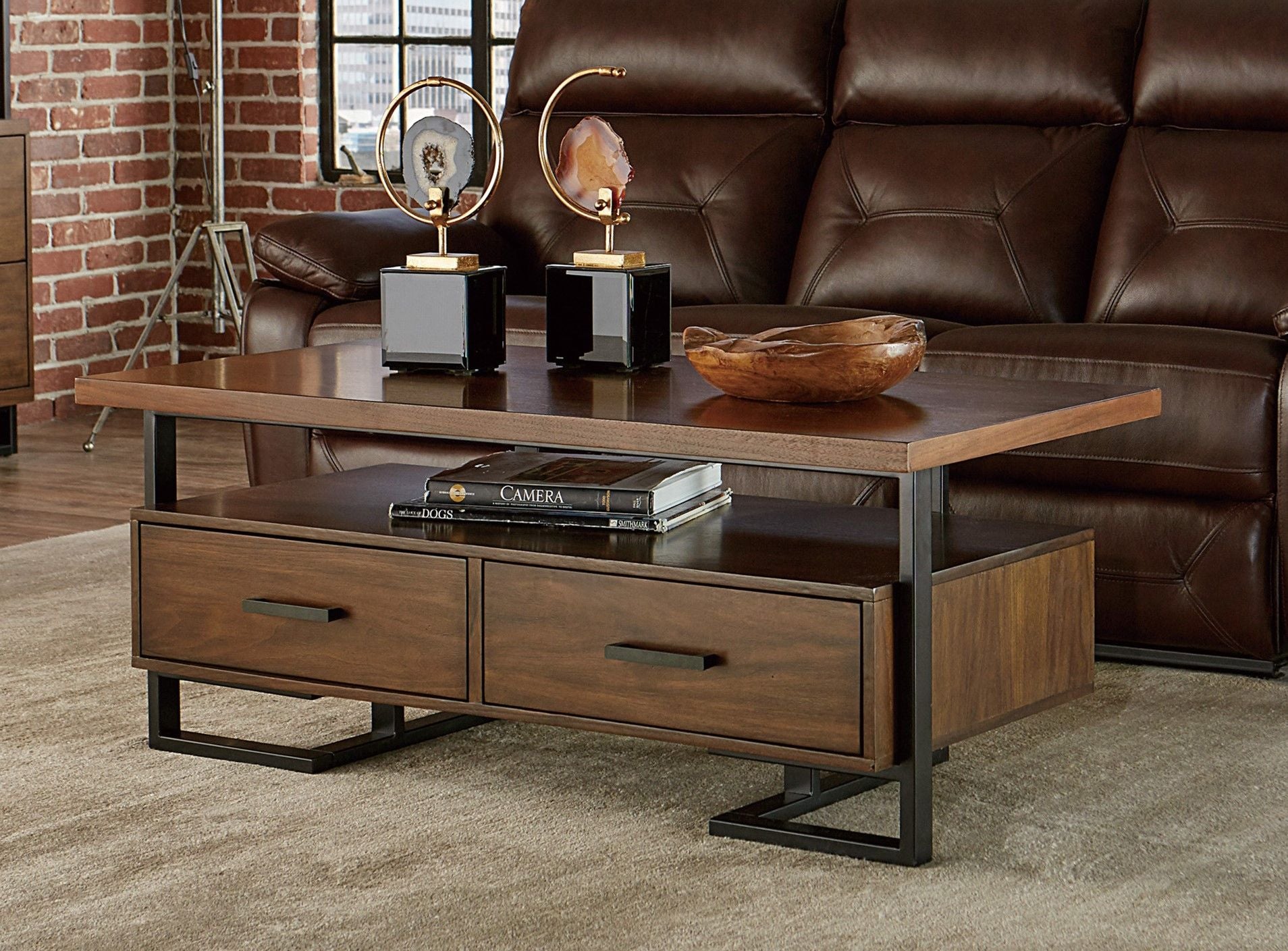 Contemporary Design Unique Frame 1pc Coffee Table with Drawers Walnut – photo 4 of 6