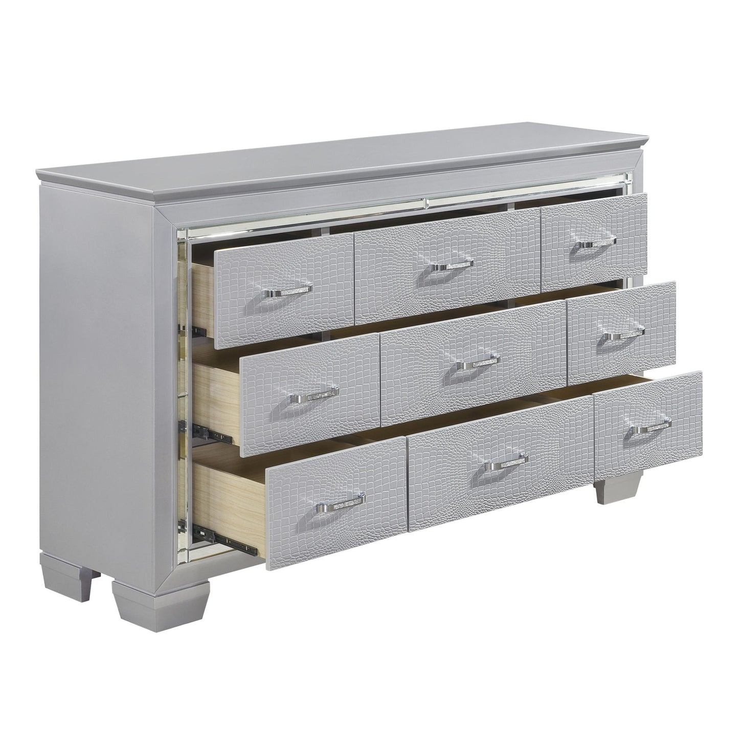Modern Glam Silver Finish 1pc Nine Drawers Dresser Faux Alligator – photo 3 of 6