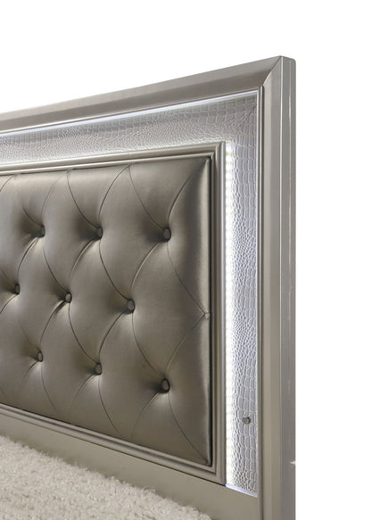 Modern Champagne Crocodile Skin Finish Upholstered 1pc Full Size LED – photo 3 of 5