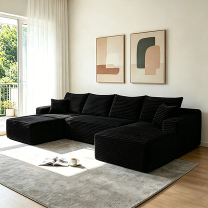 134" Cloud Sectional Sofa with U-Shape Chaise and Side Pockets and Cup holder , Modern Modular Design, Deep Seating, Upholstered Couch for Living Room/Bedroom, No Assembly Required (Plush) – Black