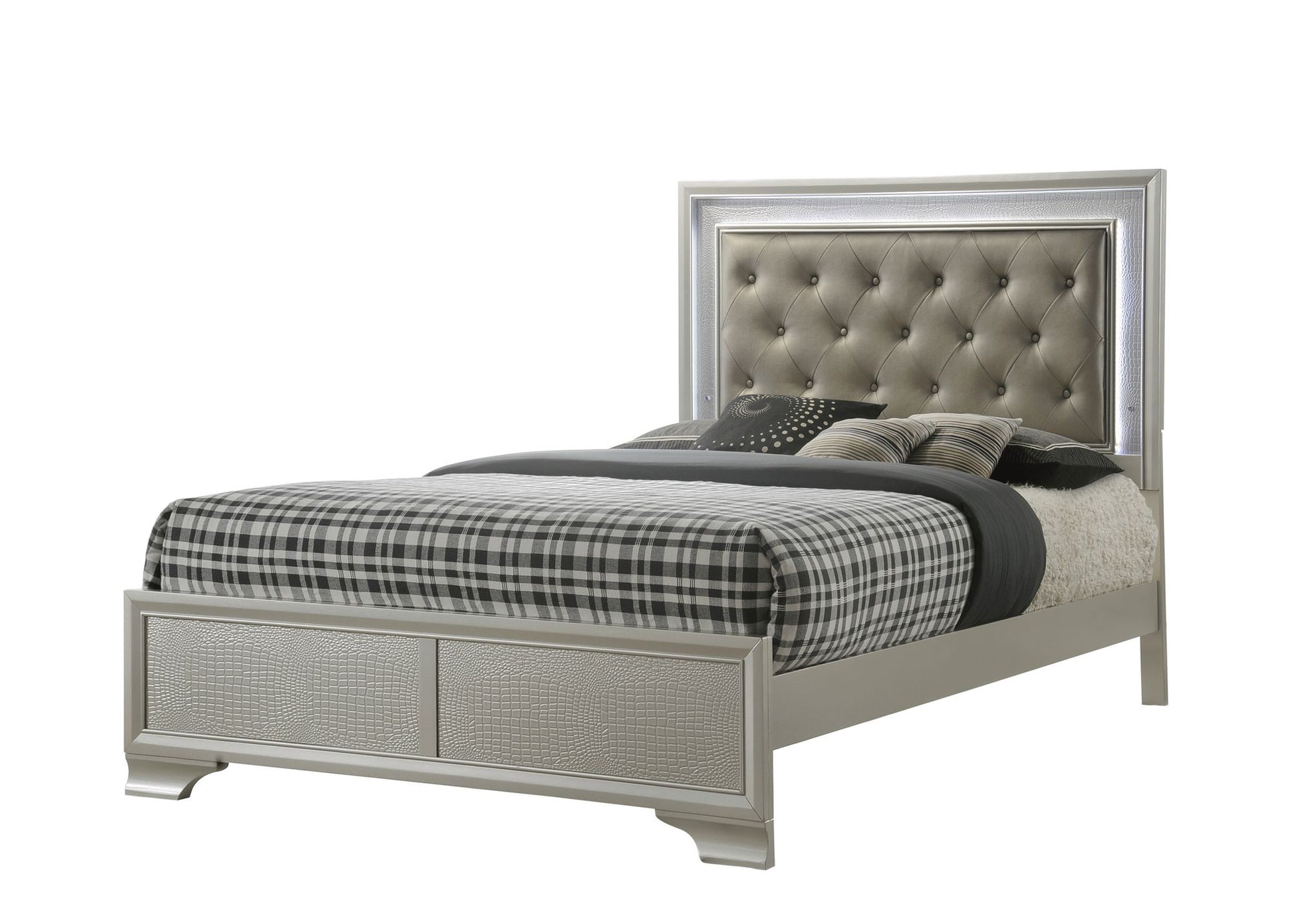 Modern Champagne Crocodile Skin Finish Upholstered 1pc Full Size LED – photo 2 of 5