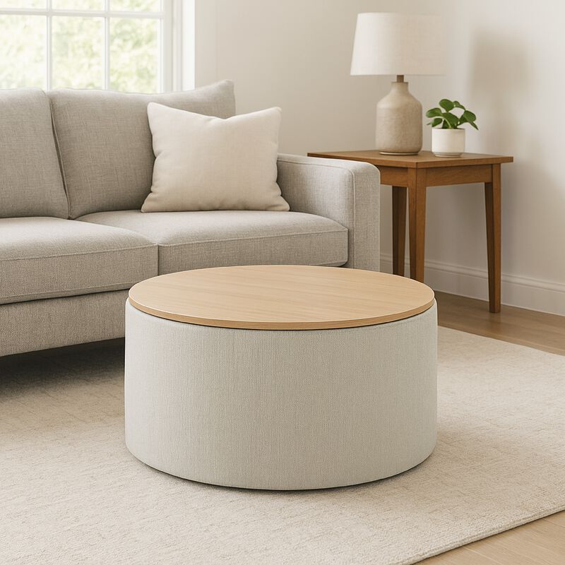 Mesy Storage Ottoman, 30 Inch Round Lift Tray Top, Light Gray Woven
