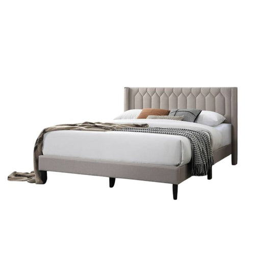 Jeo Queen Size Bed, Geometric Stitched Light Brown Burlap Upholstery
