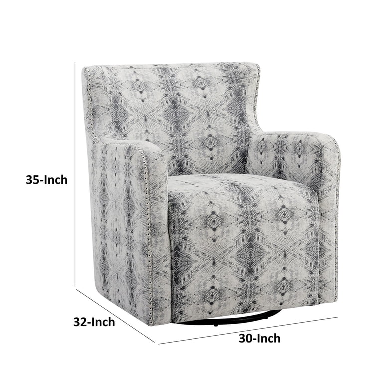 32 Inch Swivel Accent Chair, Gray Black Patterned Polyester, Solid Wood