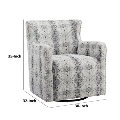 32 Inch Swivel Accent Chair, Gray Black Patterned Polyester, Solid Wood