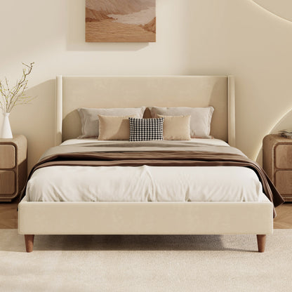 Hiu Queen Size Bed, Wingback Headboard in Black Velvet Like Upholstery