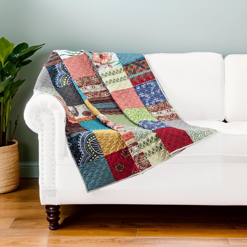 Lily 50 x 60 Inch Quilted Patchwork Throw Blanket, Multicolor Cotton Strips